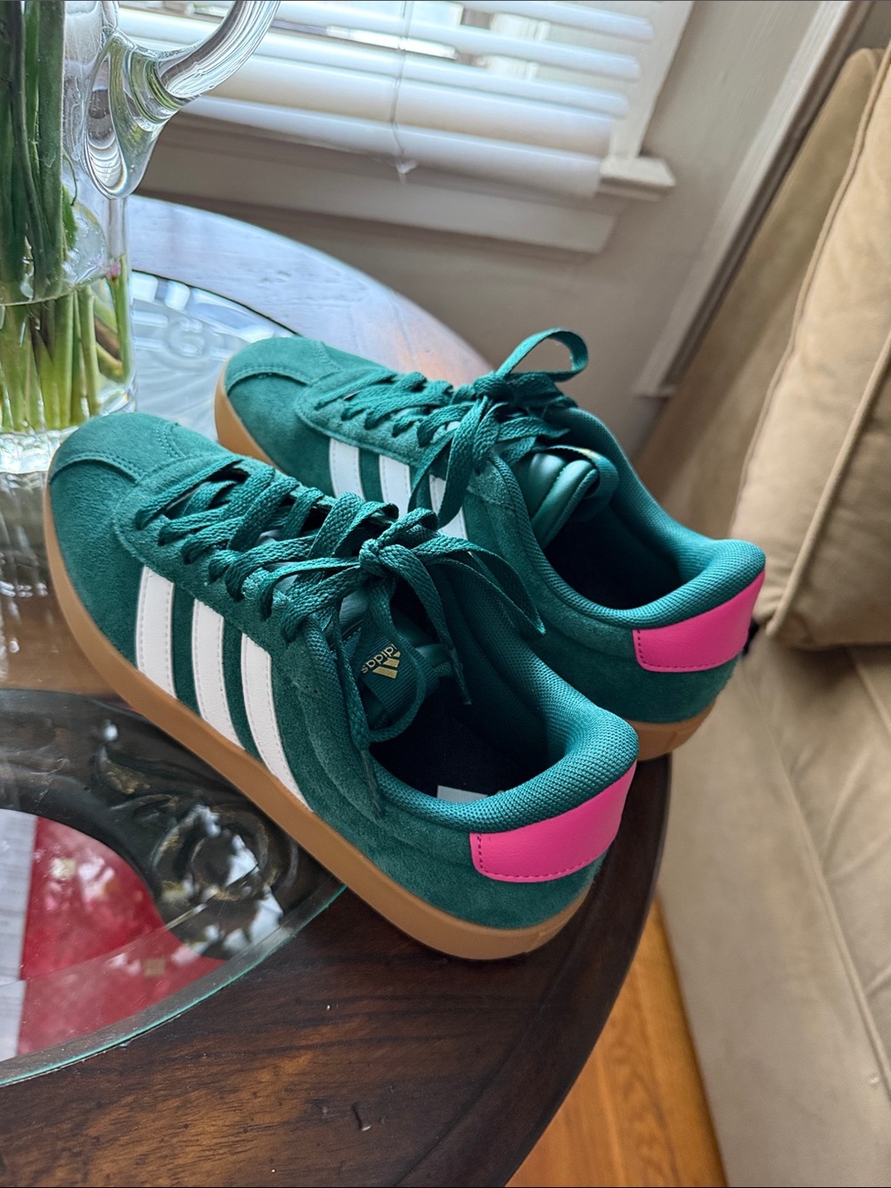 adidas Green Suede Sneakers with Pink Heel Patch - Picture 3 of 4